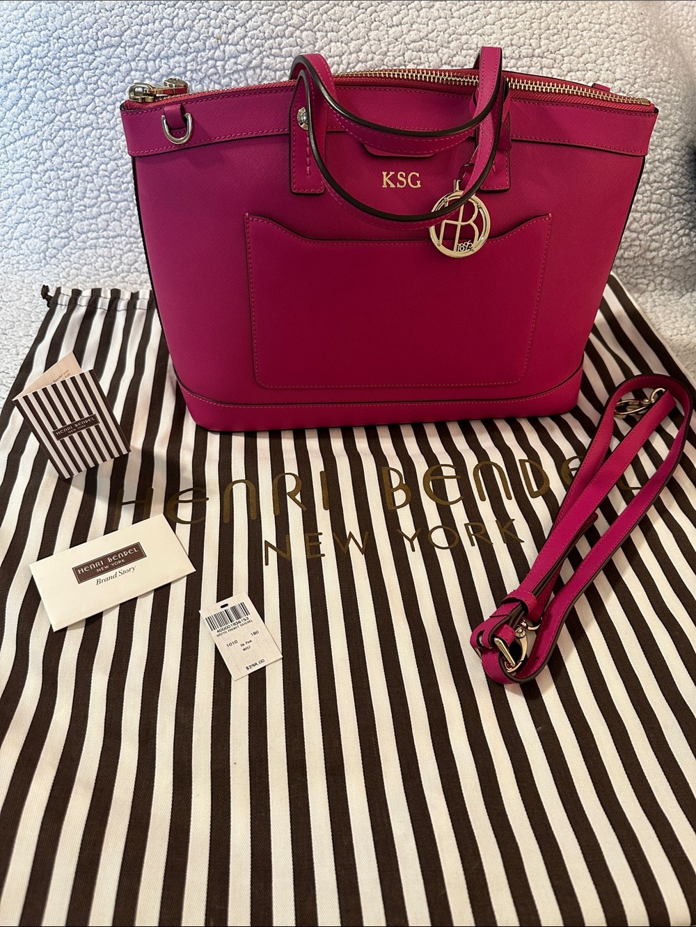 Henri Bendel West 57th Satchel in vibrant Fuchsia Gold Accent Charm w/Dust bag.